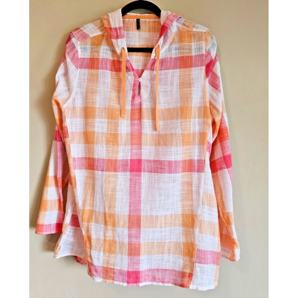 North River Gauze Hooded Top Womens L pastel check Beach Cover Up cotton